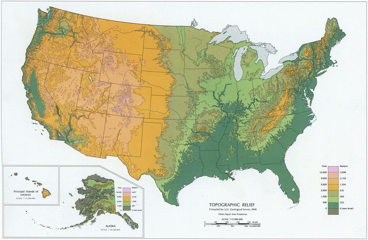 Mappa altimetrica degli Stati Uniti d'America